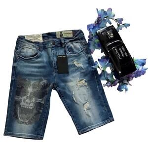 Industrial Indigo NWT Skull Rhinestones Medium Wash Jean Shorts Men W32